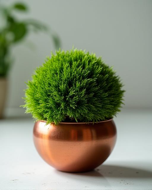 銅の鉢に入ったユニークな苔玉