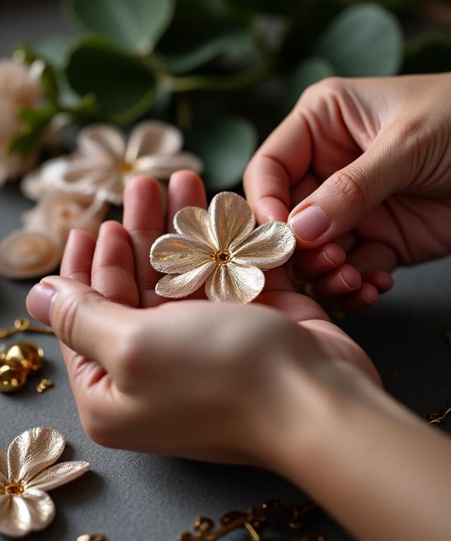 金属箔を花びらに丁寧に乗せている職人の手
