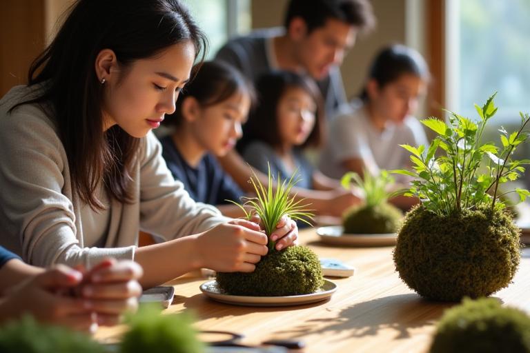 Ginyaのスタジオで苔玉作りを楽しんでいる参加者たち